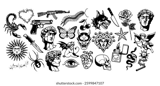 Vector Different Modern Flash Tattoo Set Isolated