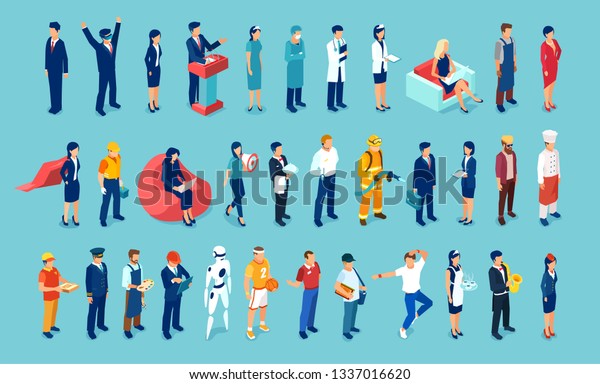 Vector of different\
people of blue collar and white collar professions hospital staff,\
surgeon, doctor, nurse, freelancers, businesswoman and businessman,\
engineer, artists.