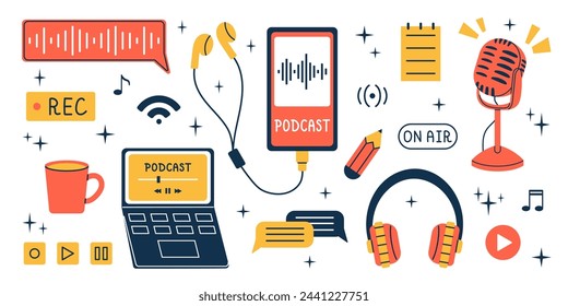Vector different podcast elements trendy collection. Podcast recording and listening, broadcasting, radio. Set of earphones, microphone, headphones, laptop, phone and other technology for podcast.