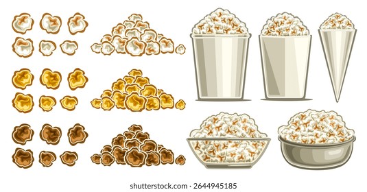 Conjunto de pipoca diferente do vetor, banner horizontal com grupo de ilustrações recortadas de vários grãos de pipoca fofo, coleção de sacos de mock-up da variedade e pipoca na placa de vidro no fundo branco