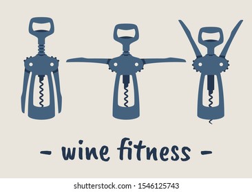 Vector different positions of corkscrew.  Wine Fitness.