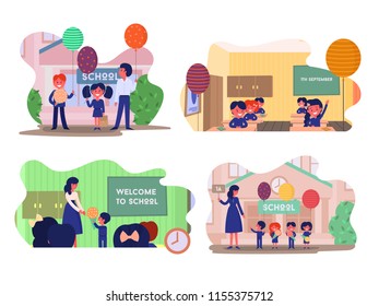 Vector different school compositions and colorful backgrounds: school children in classroom at lesson, little pupils on September 1st. 2018 education concept welcome back to school for banner, poster.