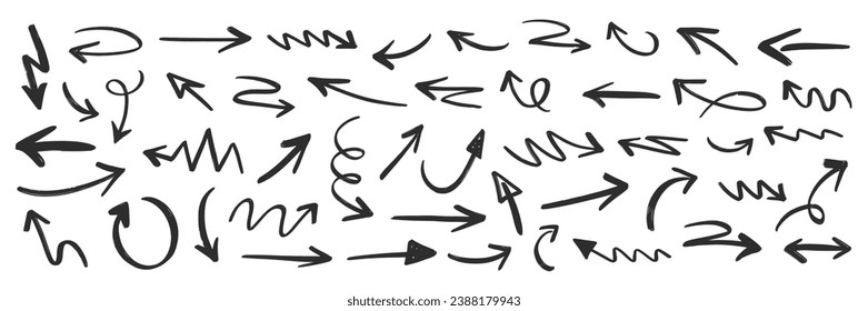 Vector Different Scribbles Arrows Marks Icons Set. Hand Drawn Doodle Symbols Collection. Left, Right, Up, Down, Circle Curved and Straight Arrow. Marker Drawing Swirls Direction Pointers Signs Pack.