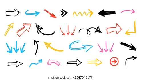 Vector Different Scribbles Arrows Marks Icons Set. Hand Drawn Doodle Symbols Collection. Left, Right, Up, Down, Circle Curved and Straight Arrow. Marker Drawing Swirls Direction Pointers Signs Pack.