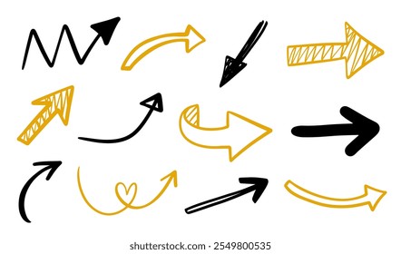 Vector Different Scribbles Arrows Marks Icons Set. Hand Drawn Doodle Symbols Collection. Left, Right, Up, Down, Circle Curved and Straight Arrow. Marker Drawing Swirls Direction Pointers Signs Pack.