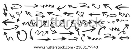 Vector Different Scribbles Arrows Marks Icons Set. Hand Drawn Doodle Symbols Collection. Left, Right, Up, Down, Circle Curved and Straight Arrow. Marker Drawing Swirls Direction Pointers Signs Pack.