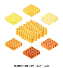 Vector different shades or sorts of honey into honeycombs in isometric style