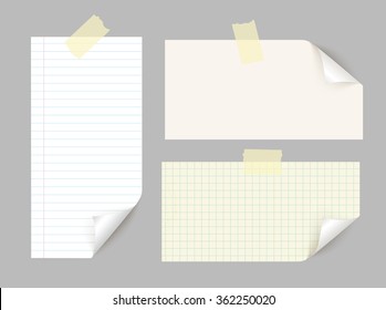 Vector different sheets of note papers with curled corner and adhesive tape.