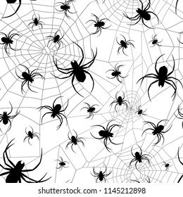 Vector different size black spider silhouette and cobweb pattern with white background