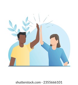 Vector, different skin colors, people, friends make positive, solidarity hand gesture high five, clap their palm for victory, good luck, success. Team, partners rejoicing in fortune, achievement.