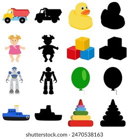 Vector diferentes juguetes y sus siluetas muñeca, robot, coche aislado sobre fondo blanco