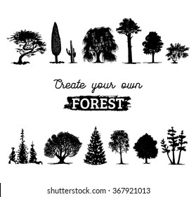 Vector different trees silhouettes. Create your own forest. Black woods icons set. Grove constructor.  svg