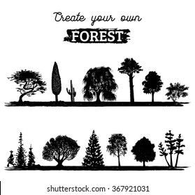 Vector different trees silhouettes. Create your own forest. Black woods icons set. Grove constructor. 