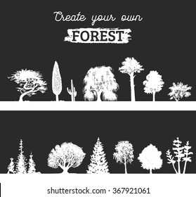 Vector different trees silhouettes. Create your own forest. White woods icons set. Grove constructor. 