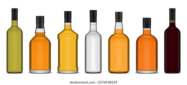 Vector different types of alcoholic drink bottles without labels