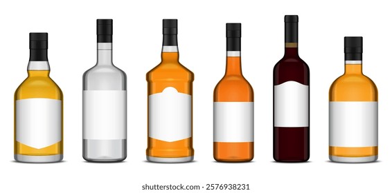 Vector different types of alcoholic drink bottles with blank white labels