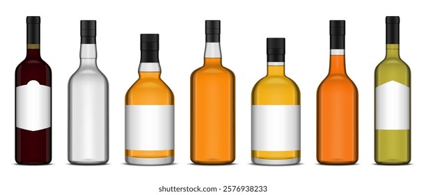 Vector different types of alcoholic drink bottles with and without labels