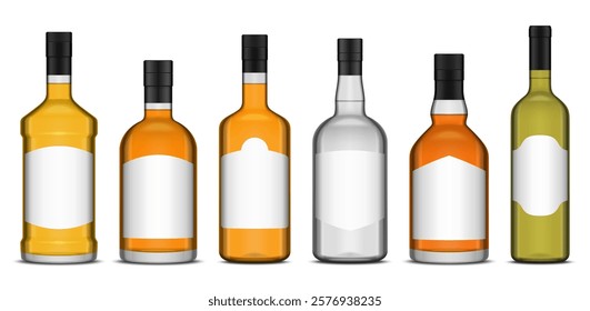 Vector different types of alcoholic drink bottles with blank white labels