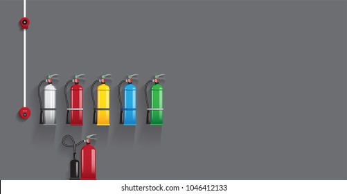 VECTOR - different types of extinguishers and fire alarm bell on the wall, object with blend shadow on dark background, free right space for purport by user.