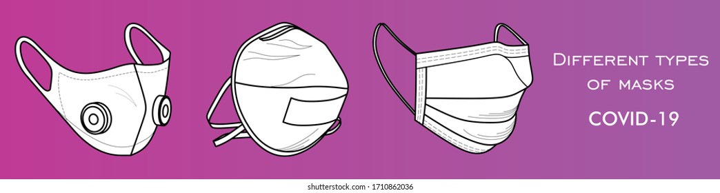 Vector with different types of masks used by people against COVID-19, Coronavirus. Safety breathing masks. Industrial safety N95 mask, dust protection respirator and breathing medical respiratory mask