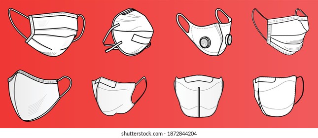 Vector with different types of masks used by people against COVID-19, Coronavirus. Safety breathing masks. Industrial safety N95 mask, dust protection respirator and breathing medical respiratory mask