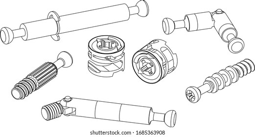 Vector. Different types of minifix connector bolts. Minifix Furniture Cam Lock Screws and Hardware Connector isolated on white background. Mitre connector, Double Bolt, Connector Housing.