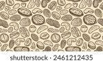 Vector different types of nuts seamless pattern or background. Nut kernels and nutshells illustration