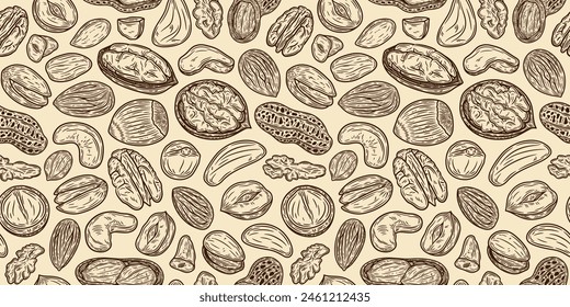 Vector different types of nuts seamless pattern or background. Nut kernels and nutshells illustration