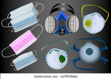 Vektorillustration verschiedener Typen und Schutzklassen von Atemgeräten und medizinischen Masken. Realistische Illustration. Atemschutz. Schutz gegen Infektionen und Viren (Coronavirus 2019-nCov).