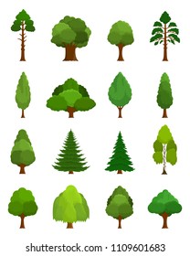 Vector different types of trees icons isolated on white.