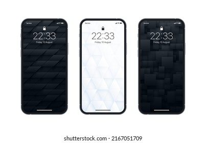 Vektorverschiedene Variationen Schwarzes, weißes 3D-Geometrisches Bildschirmhintergrund auf dem fotorealistischen Smartphone-Bildschirm einzeln auf weißem Hintergrund. Verschiedene 3D-Rendering-Abstraktionen Vertikale Smartphone-Bildschirmschoner
