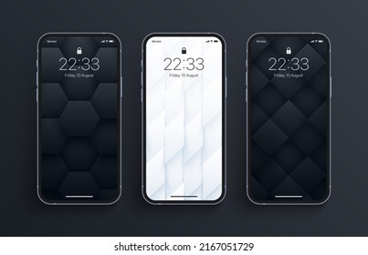 Vector Diferentes Variaciones De Papel De Pantalla Geométrica En 3D En Blanco Y Negro, Fijado En Pantalla De Telefonía Inteligente Realista Fotográfica Aislada En Fondo. Varios salvapantallas de pantalla de Smartphone verticales de abstracción 3D