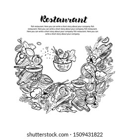 Vector of different vegetables and fish, can be used as a brand for a restaurant or advertising vegetables, fish. Printing on textiles, printing.