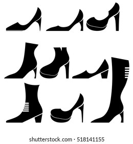 Vector Different Womens Shoes Silhouettes Isolated on White Background