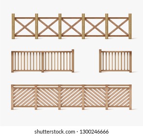 Vector different wooden fences designes isolated on white background. Boundary for farm or country house. Modern flat style