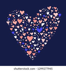 Vector differently colored hearts forming one big heart on dark blue background. Concept of love, romance and relationships. Valentines day card design.