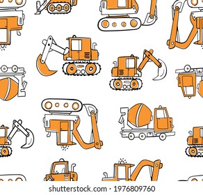 vector digger and truck and bulldozer and mixer truck pattern print