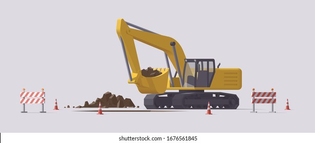 Vector digging excavator. Isolated illustration. Collection