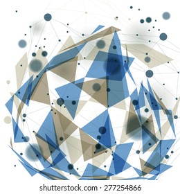 Vector digital 3d abstraction, geometric polygonal perspective mesh illustration. Eps10 blur technical background with transparent shapes and connected dots. Internet technology theme.