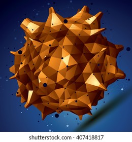 Vector digital 3d abstraction, lattice geometric polygonal element, perspective golden wireframe object.