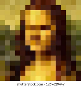 Vector digital abstract colorful mosaic portrait of woman. Renaissance portrait flat style famous Leonardo da Vinci, vector portrait Mona Lisa Style graphic design, pixel art 