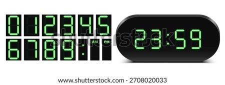 Vector digital alarm clock with green LED display and full set of glowing digital numbers isolated on dark background. Realistic mockup or template