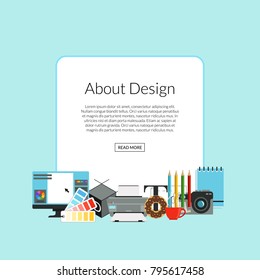 Vector digital art design icons pile below frame with place for text illustration