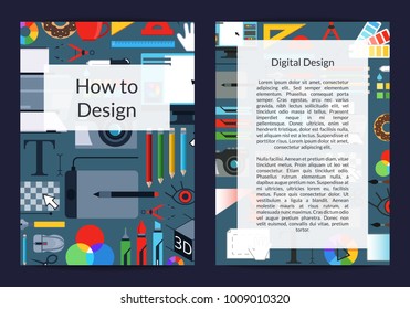Vector digital art design studio or courses card or flyer template with creative instruments on background with place for text illustration