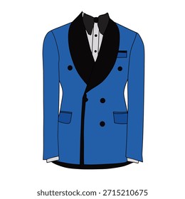 Vector ilustración de arte digital de tema de ropa formal para hombres. Ilustración vectorial de un vestido de esmoquin azul y una pajarita negra sobre un fondo blanco.