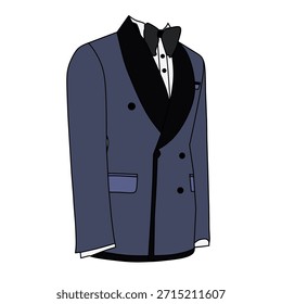 Vector ilustración de arte digital de tema de ropa formal para hombres. Ilustración vectorial de vestido de esmoquin azul marino y pajarita negra sobre fondo blanco.