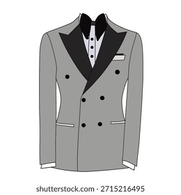 Vector digital art illustration of a formal dress theme for men. Vector illustration of a gray Tuxedo dress and a black bow tie on a white background.