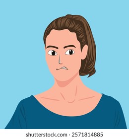 Vector digital artwork depicting a woman with brown hair, tied in a ponytail, and wearing a blue shirt, showing a confused or anxious face, against a plain blue background.