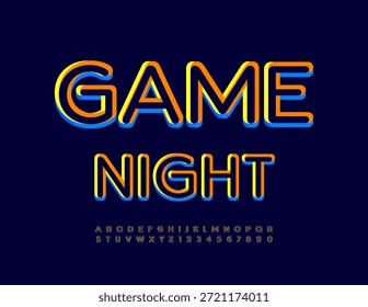 Vector Insignia digital Noche de juegos. Fuente genial brillante. Colorido conjunto de letras y números del alfabeto