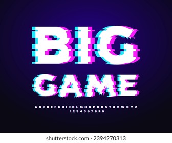 Vector digital banner Big Game. Set of Distorted pixels Alphabet Letters and Numbers. Glowing techno Font